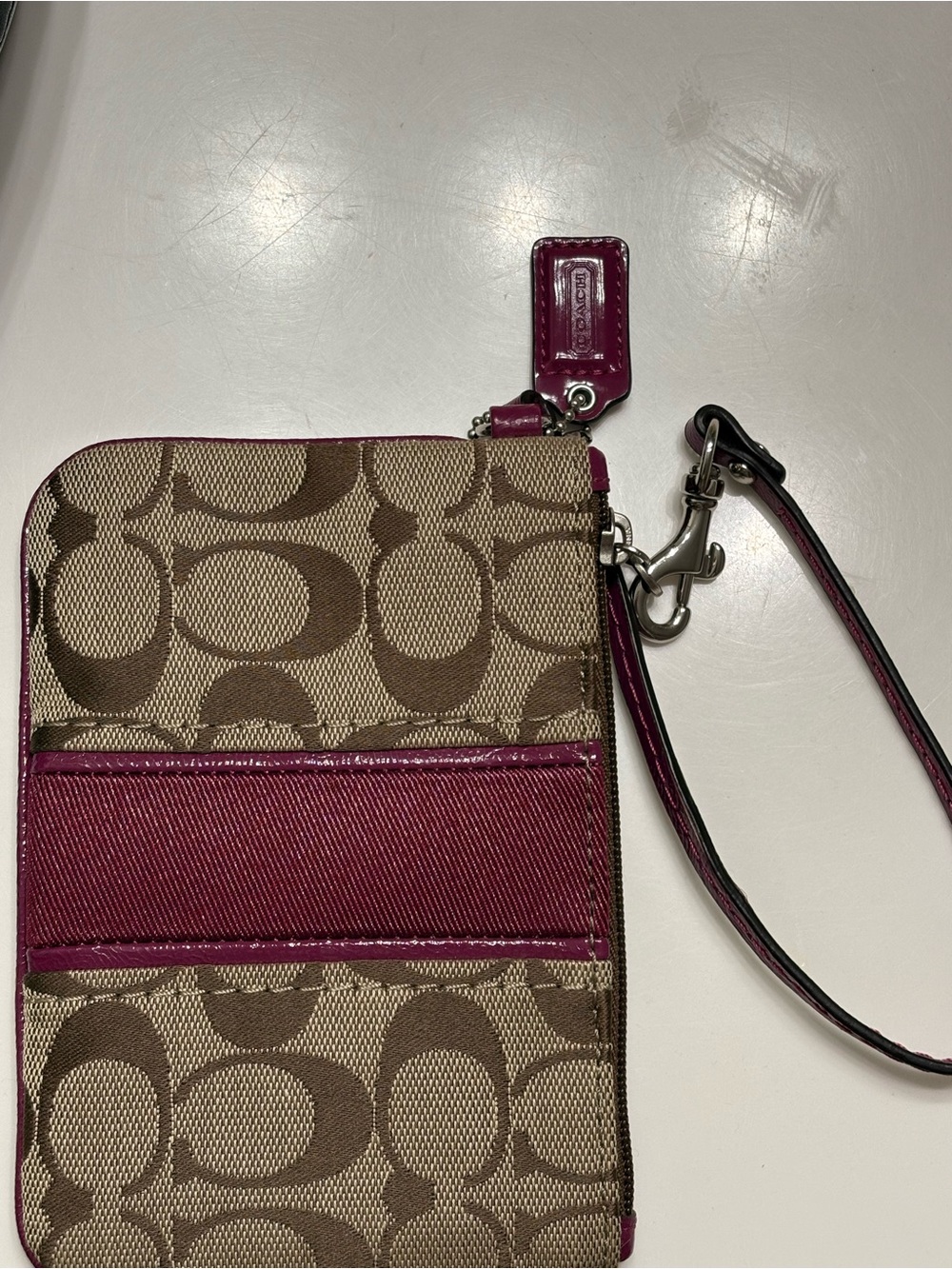 Coach Brown Signature Canvas Wristlet with Berry Trim